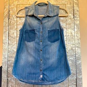 Zara Distressed Denim Sleeveless Button Down Top